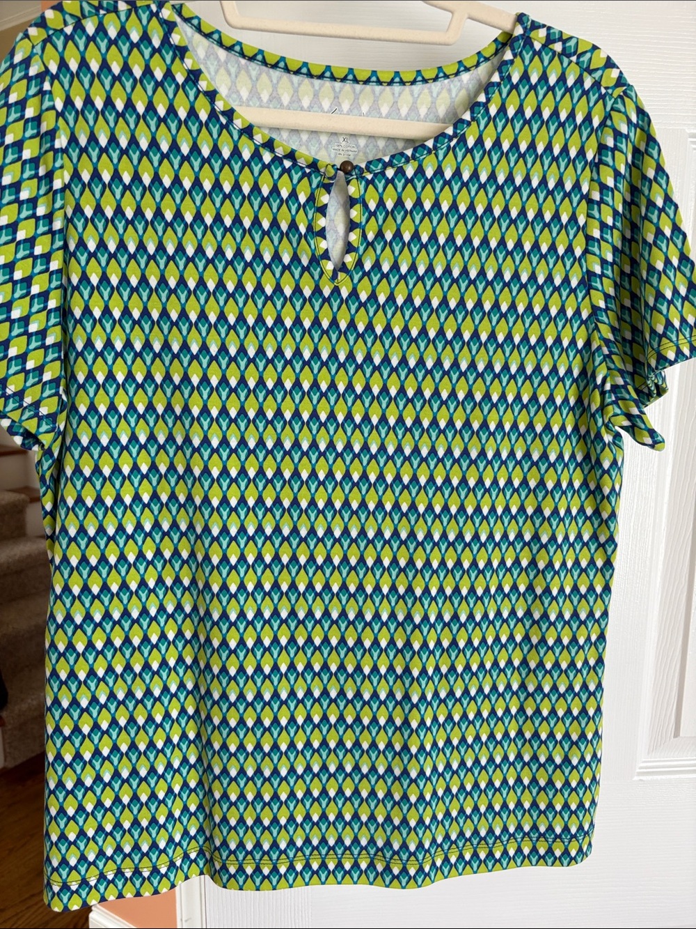Kim Rogers Blue and Green Geometric Short Sleeve Blouse